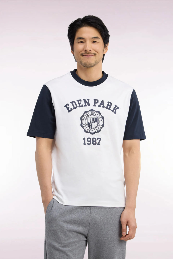Two-Tone Short-Sleeved T-Shirt in Ecru Screen-Printed Cotton with a Straight Cut