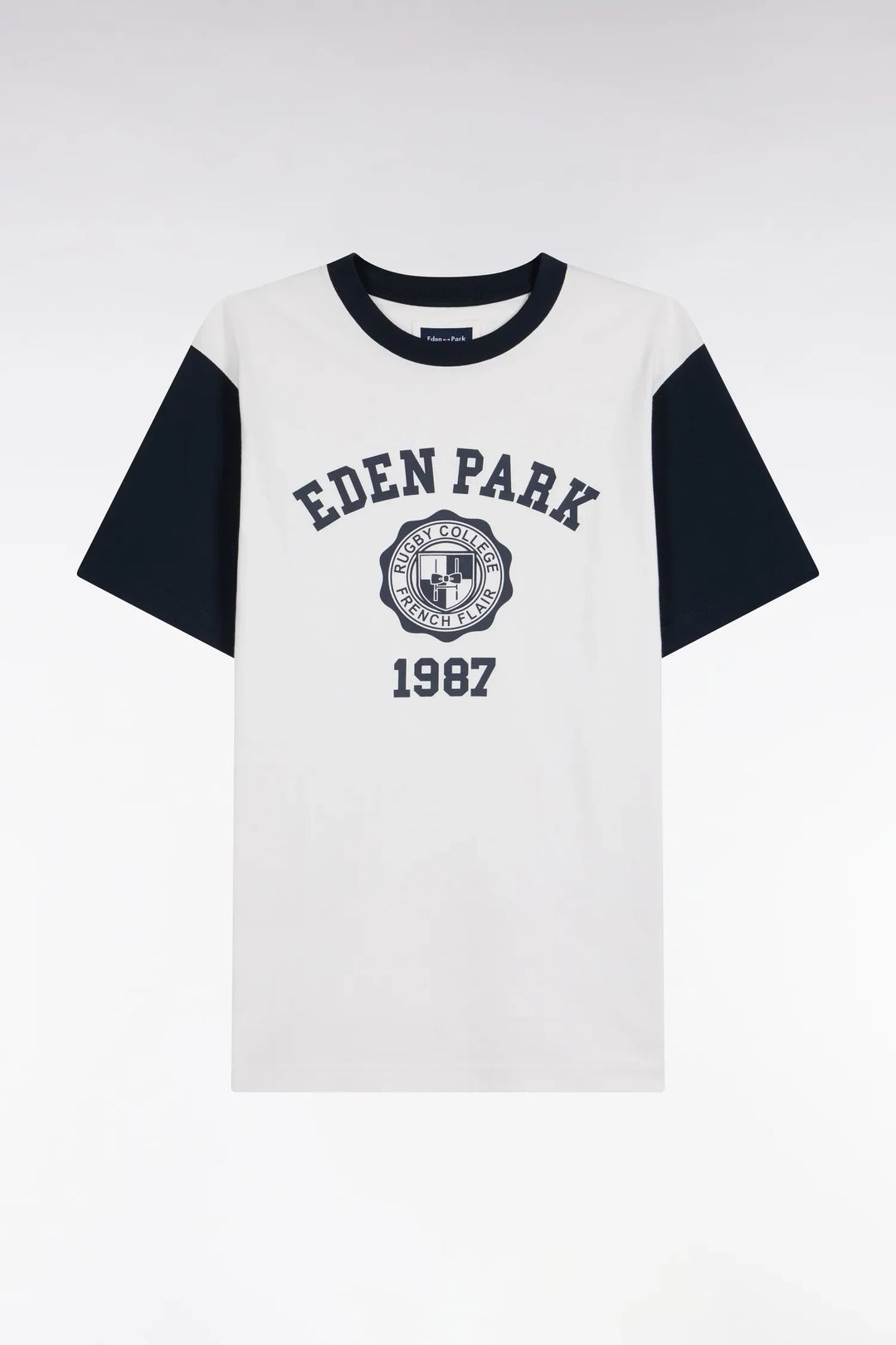 Two-Tone Short-Sleeved T-Shirt in Ecru Screen-Printed Cotton with a Straight Cut
