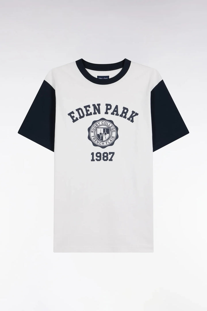Two-Tone Short-Sleeved T-Shirt in Ecru Screen-Printed Cotton with a Straight Cut