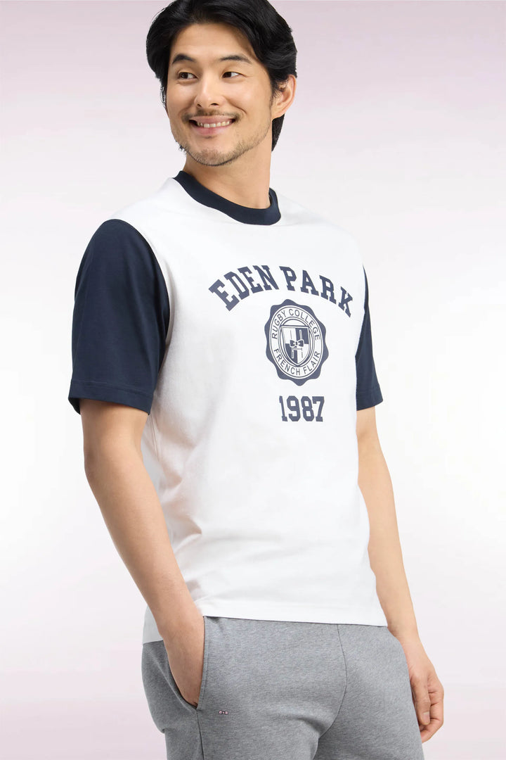 Two-Tone Short-Sleeved T-Shirt in Ecru Screen-Printed Cotton with a Straight Cut