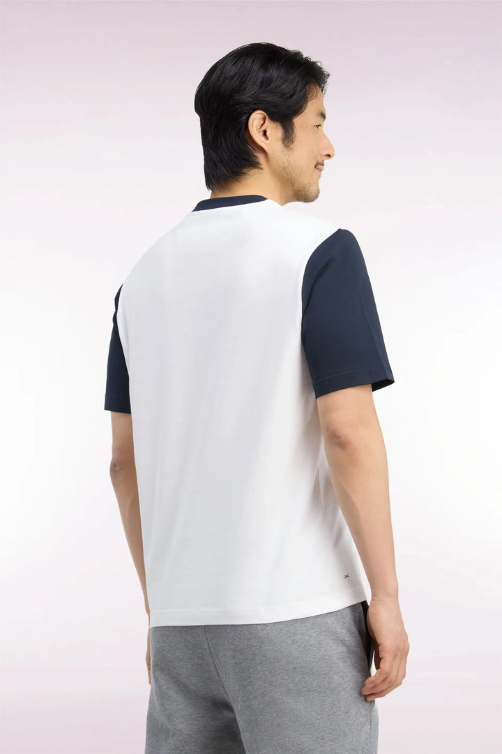 Two-Tone Short-Sleeved T-Shirt in Ecru Screen-Printed Cotton with a Straight Cut