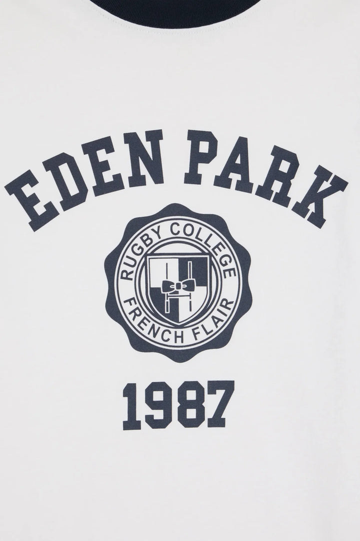 Two-Tone Short-Sleeved T-Shirt in Ecru Screen-Printed Cotton with a Straight Cut