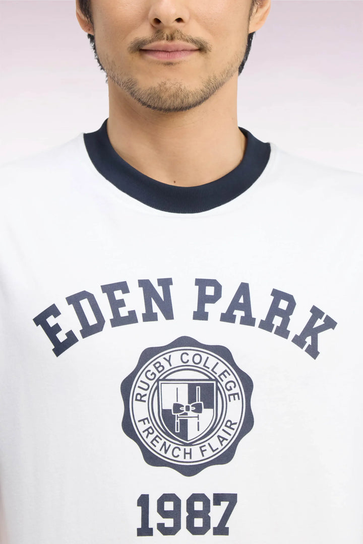 Two-Tone Short-Sleeved T-Shirt in Ecru Screen-Printed Cotton with a Straight Cut