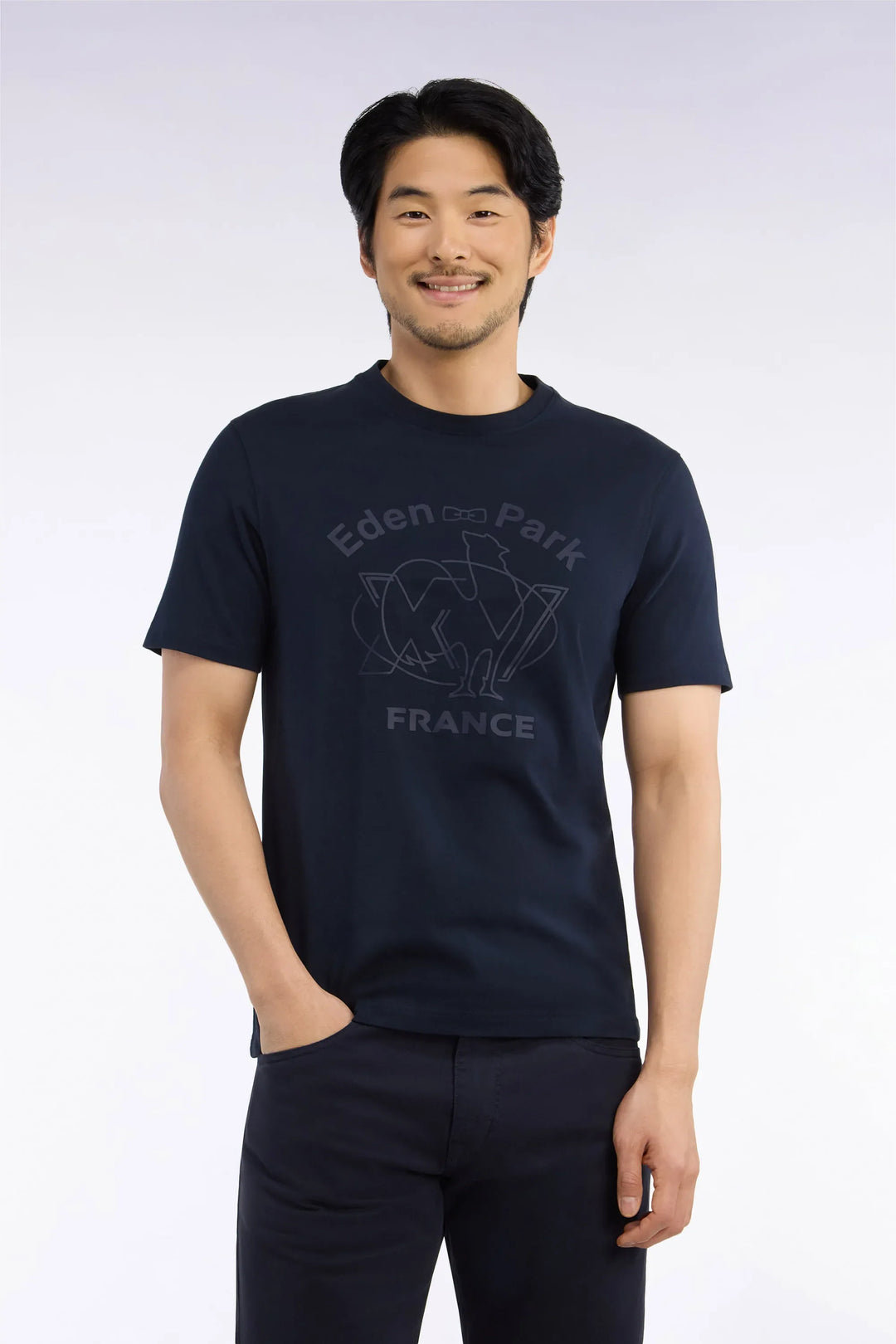 Short-Sleeved Navy Cotton T-Shirt with XV De France Screen Print Straight Cut