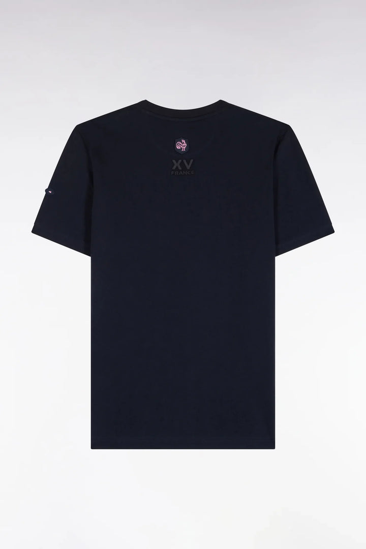 Short-Sleeved Navy Cotton T-Shirt with XV De France Screen Print Straight Cut