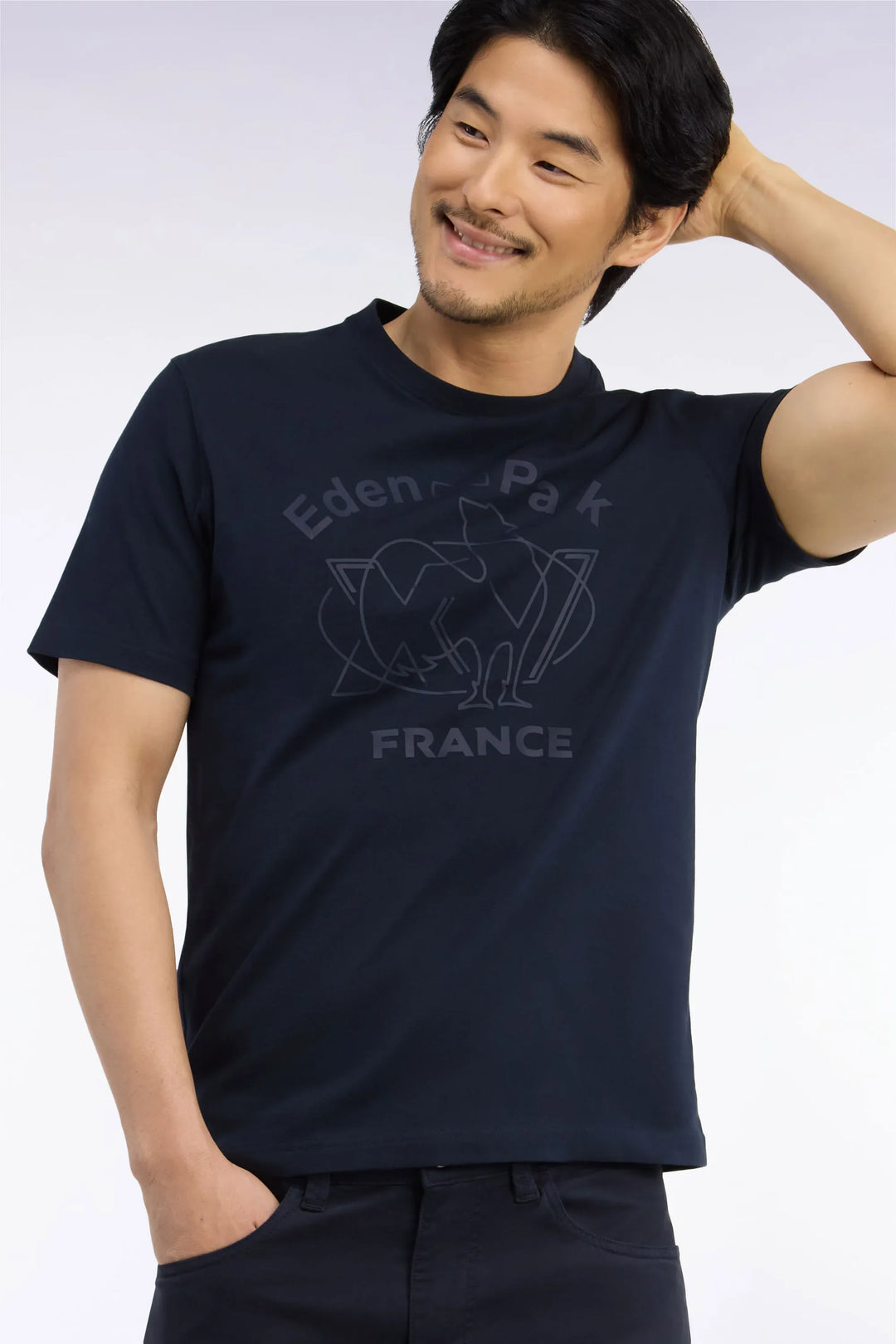 Short-Sleeved Navy Cotton T-Shirt with XV De France Screen Print Straight Cut