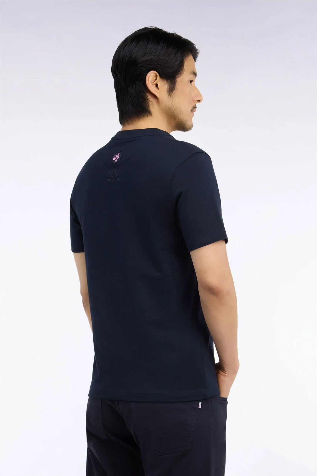 Short-Sleeved Navy Cotton T-Shirt with XV De France Screen Print Straight Cut
