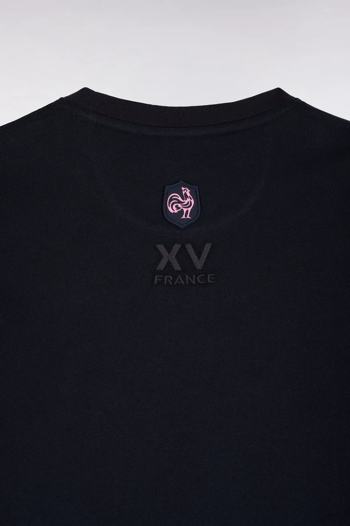 Short-Sleeved Navy Cotton T-Shirt with XV De France Screen Print Straight Cut