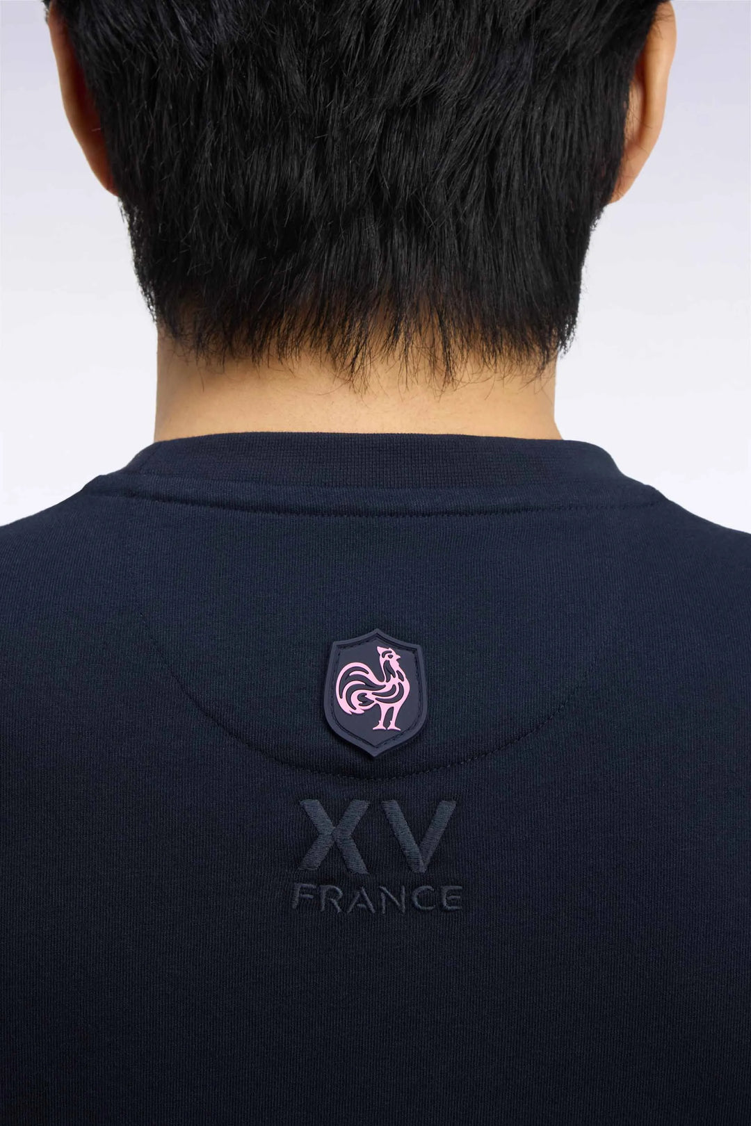 Short-Sleeved Navy Cotton T-Shirt with XV De France Screen Print Straight Cut