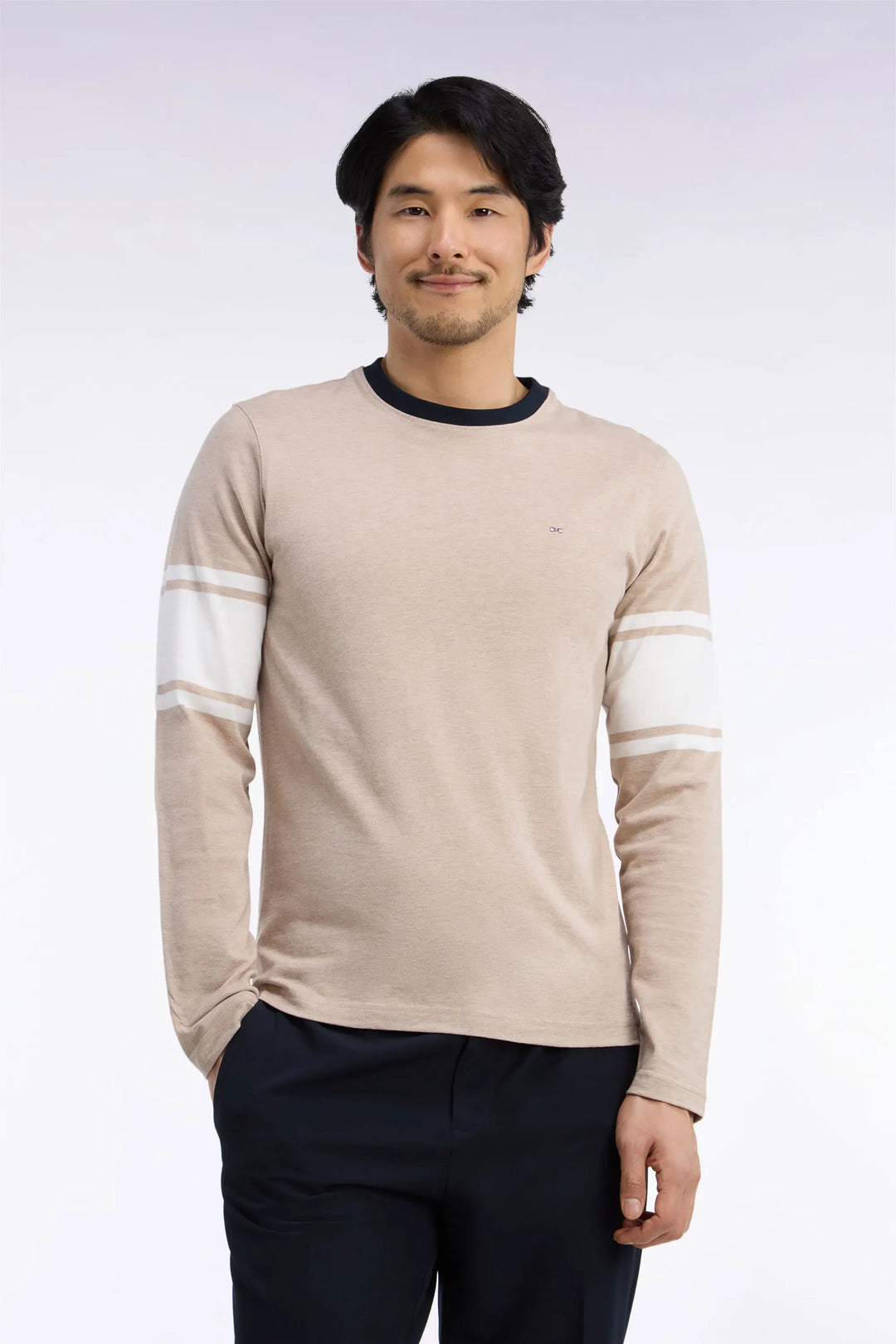 Straight-Cut Beige Combed Cotton Long-Sleeved T-Shirt