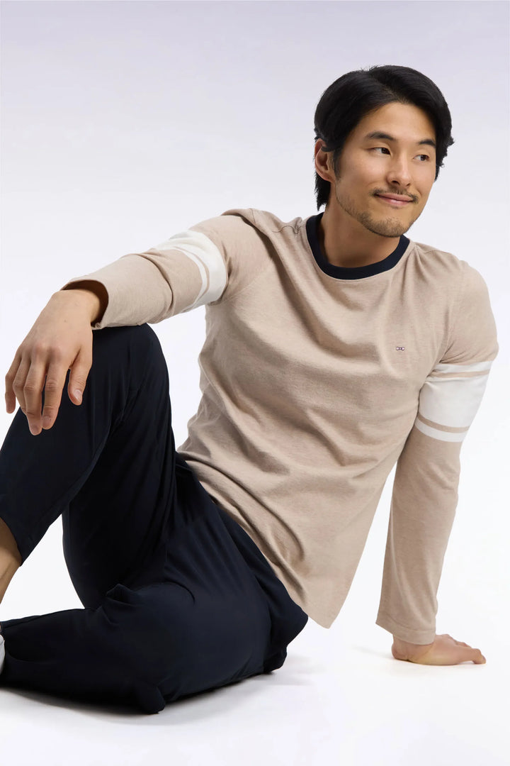 Straight-Cut Beige Combed Cotton Long-Sleeved T-Shirt