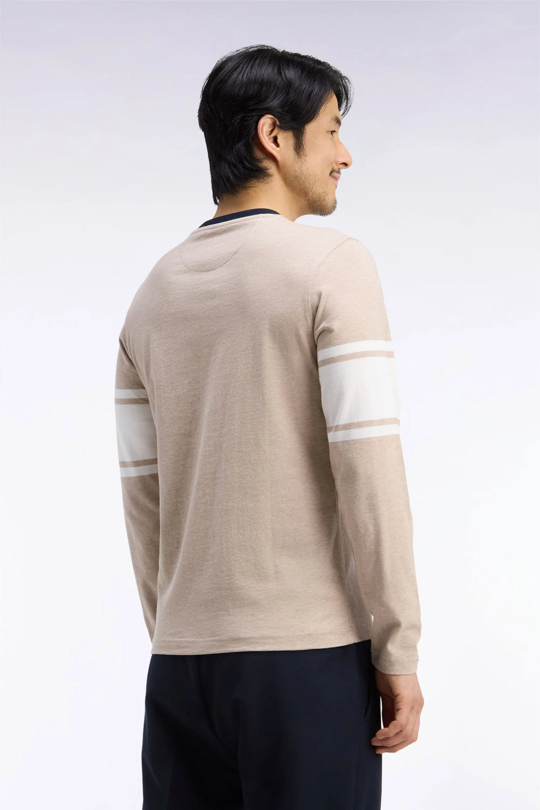 Straight-Cut Beige Combed Cotton Long-Sleeved T-Shirt