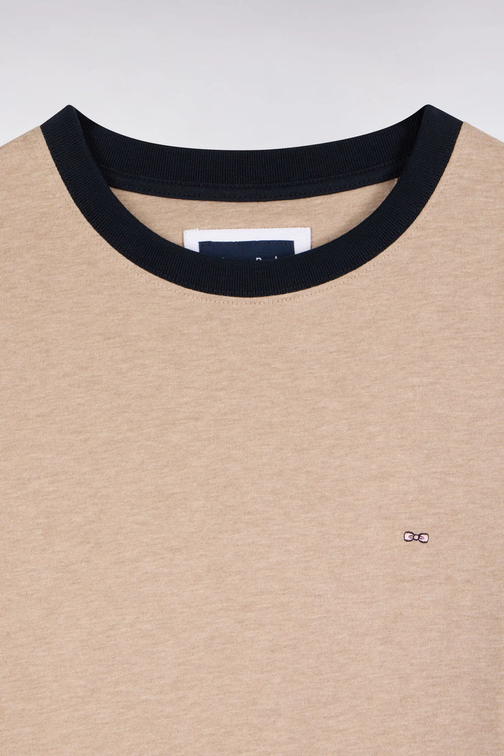 Straight-Cut Beige Combed Cotton Long-Sleeved T-Shirt