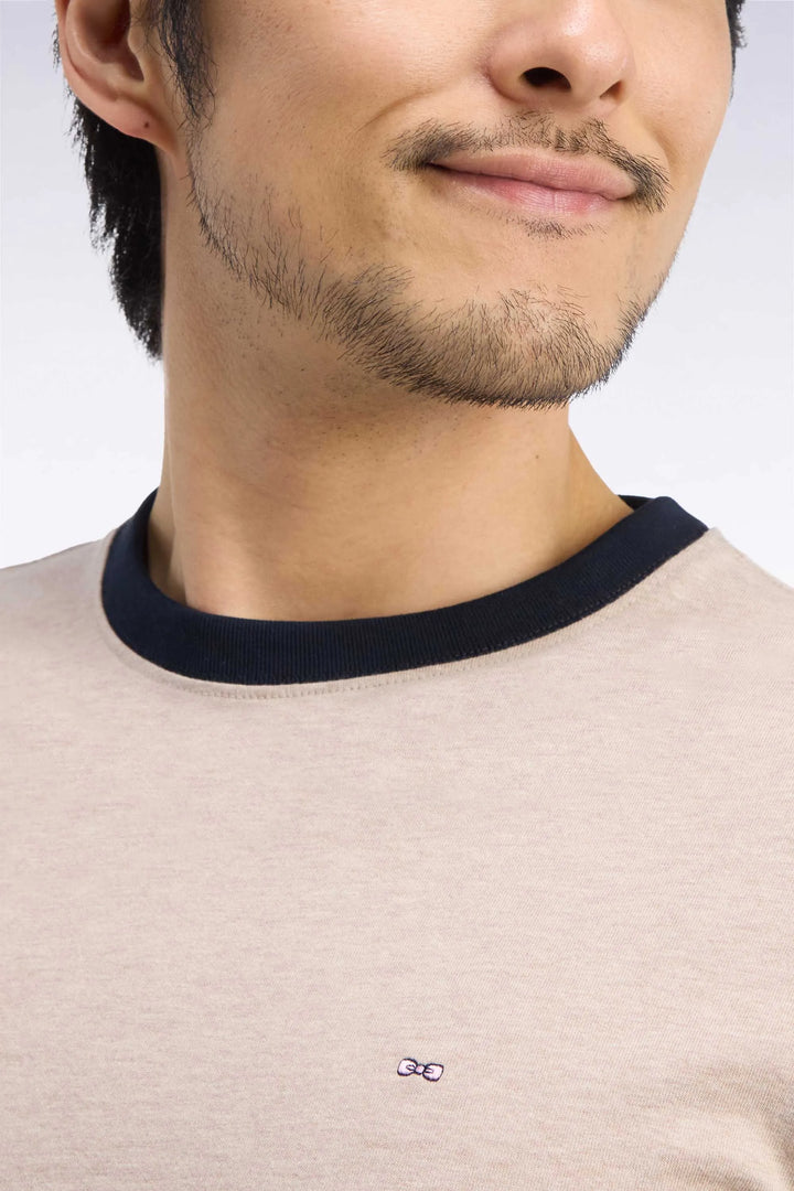 Straight-Cut Beige Combed Cotton Long-Sleeved T-Shirt