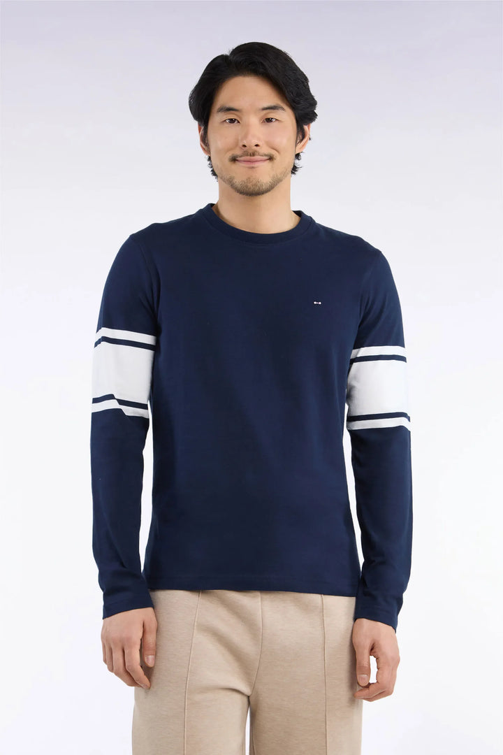 Straight-Cut Navy Combed Cotton Long-Sleeved T-Shirt