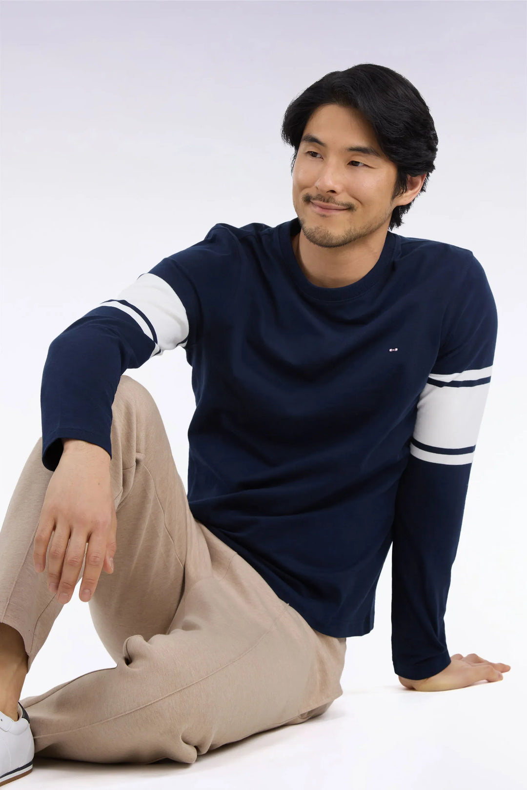Straight-Cut Navy Combed Cotton Long-Sleeved T-Shirt