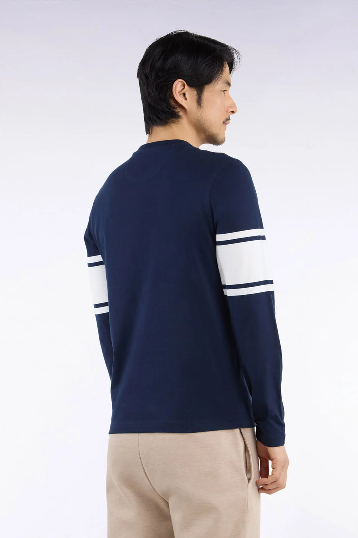Straight-Cut Navy Combed Cotton Long-Sleeved T-Shirt