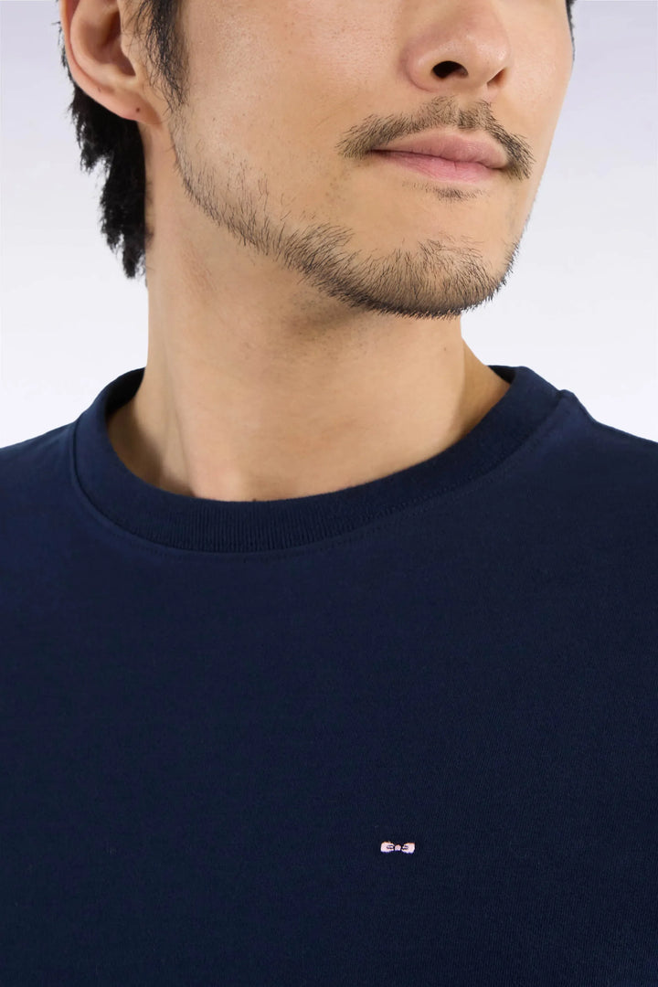 Straight-Cut Navy Combed Cotton Long-Sleeved T-Shirt