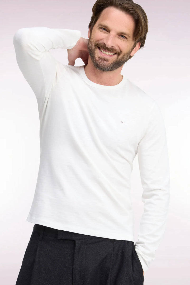 Long-Sleeved Ecru Cotton T-Shirt with Slim Fit