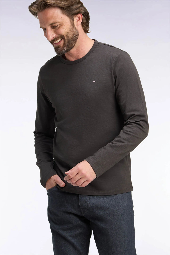 Brown Cotton Long-Sleeved T-Shirt with Slim Fit