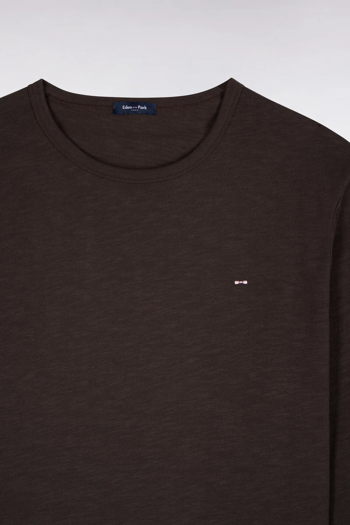 Brown Cotton Long-Sleeved T-Shirt with Slim Fit