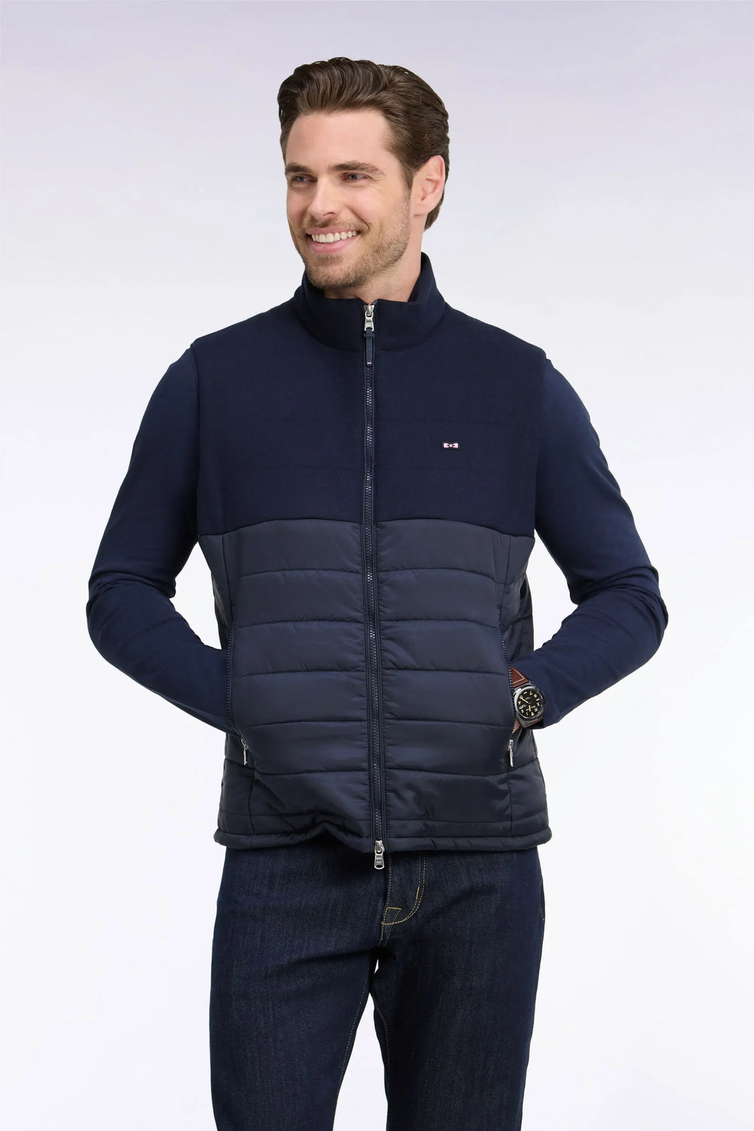 Sleeveless Double-Material Down Jacket in Nylon And Navy Flannel