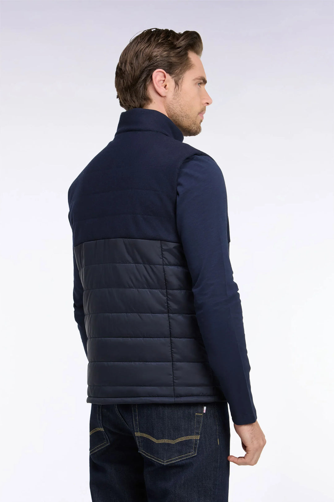 Sleeveless Double-Material Down Jacket in Nylon And Navy Flannel