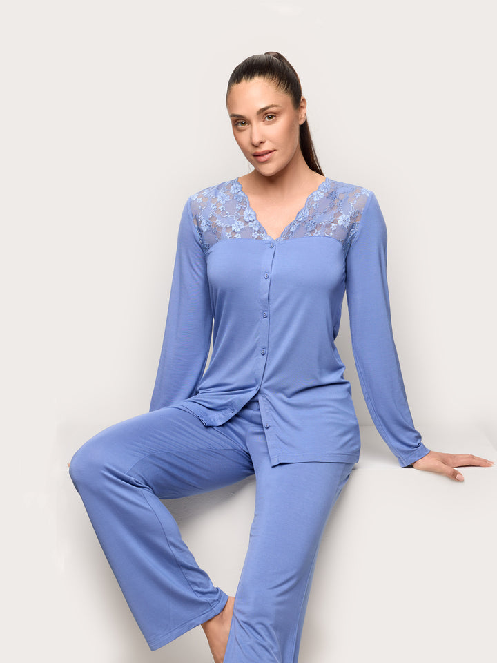 Long-Pyjamas with front opening - Denim