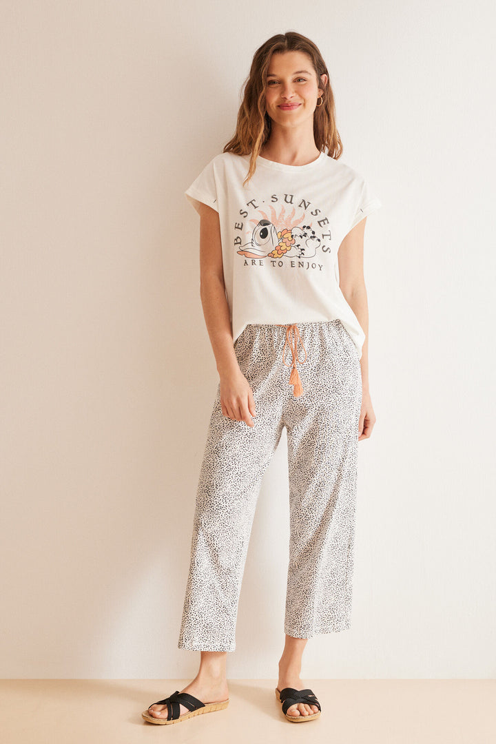 100% Cotton ivory Stitch capri pyjamas - Ivory