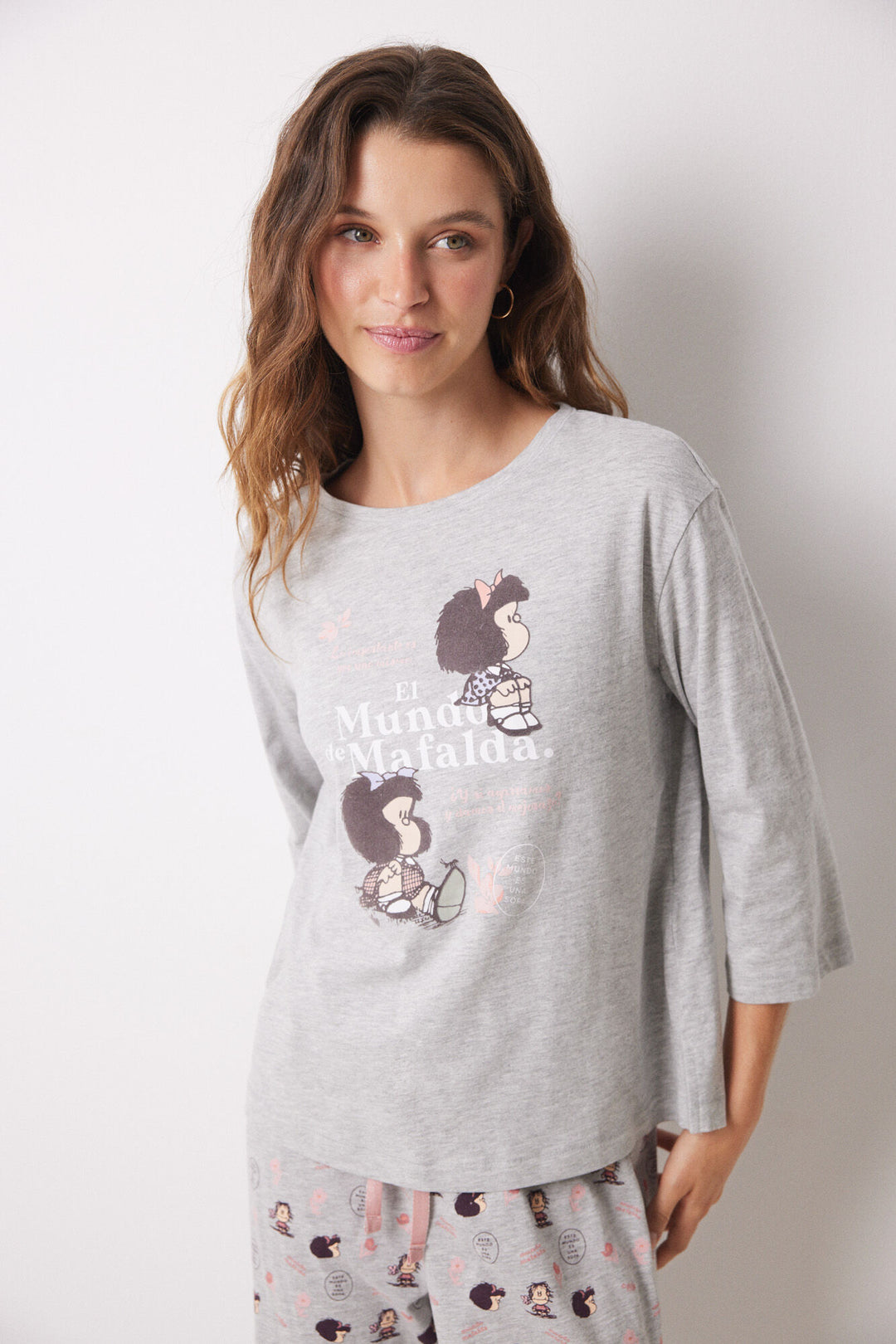 Mafalda grey 100% cotton long pajamas - Medium Grey