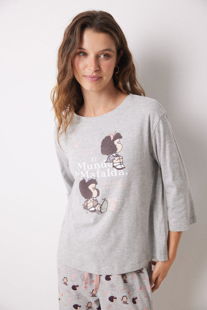 Mafalda grey 100% cotton long pajamas - Medium Grey