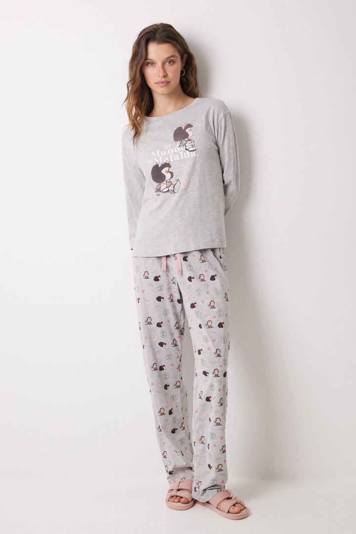 Mafalda grey 100% cotton long pajamas - Medium Grey