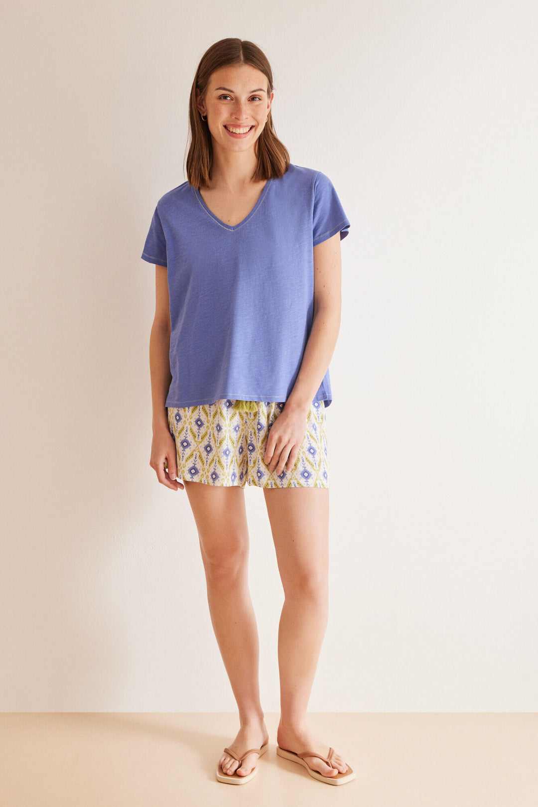 Blue slub 100% cotton T-shirt - Blue Print