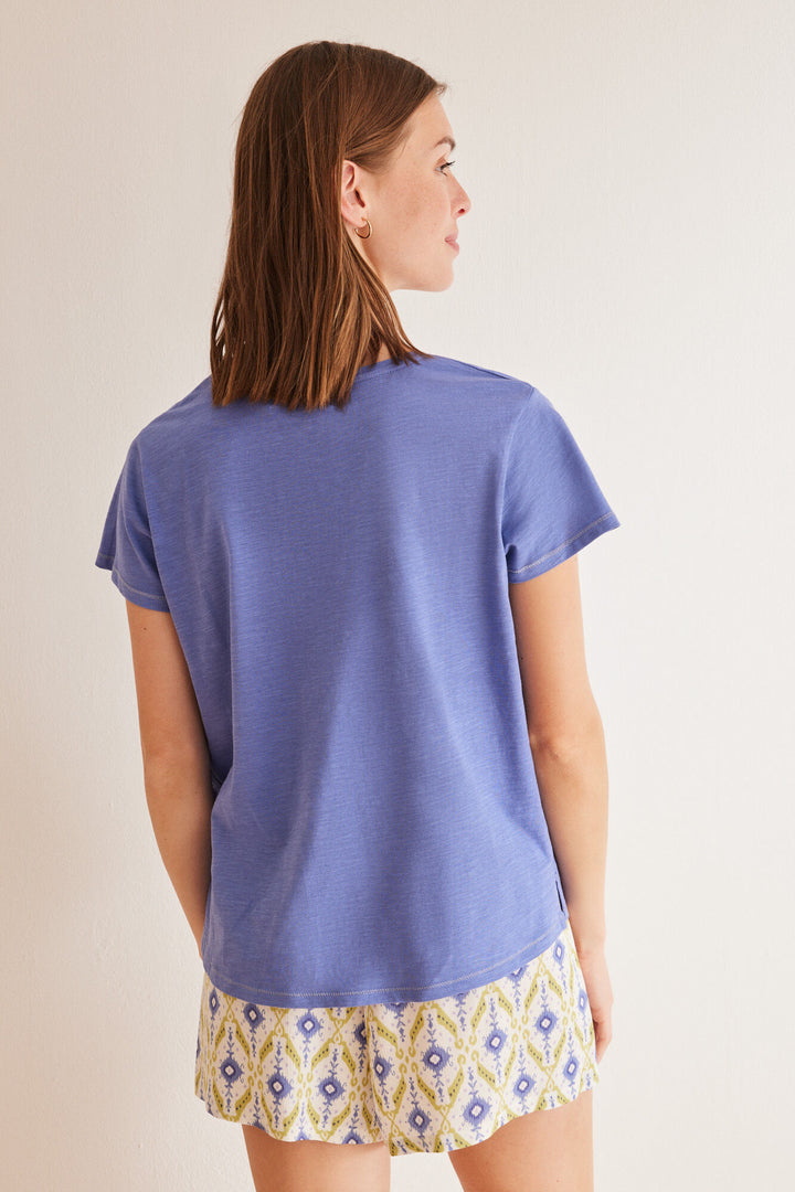 Blue slub 100% cotton T-shirt - Blue Print
