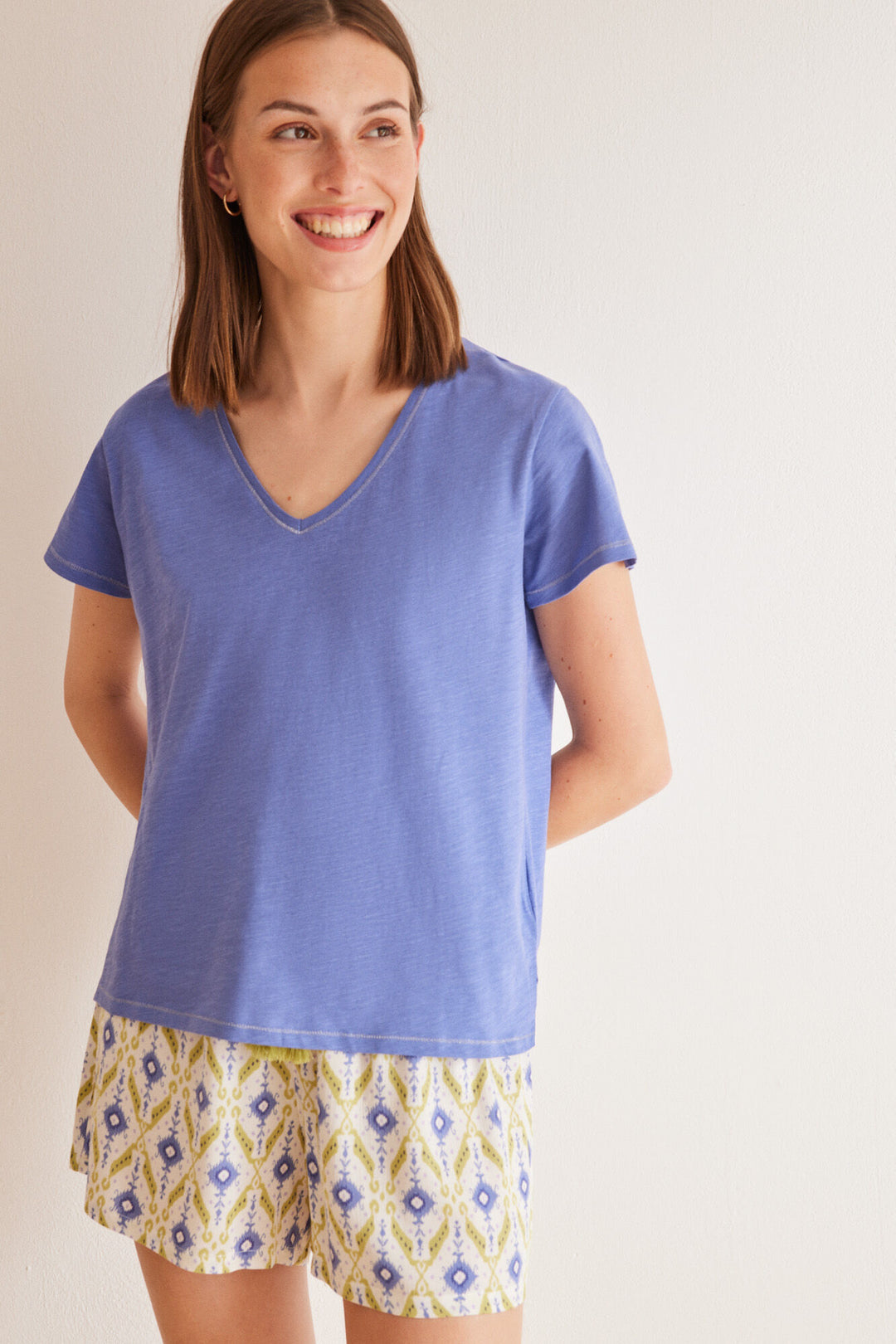 Blue slub 100% cotton T-shirt - Blue Print