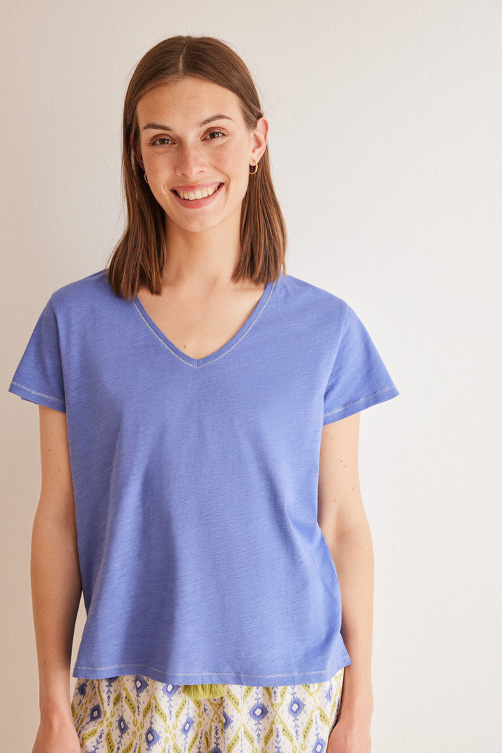 Blue slub 100% cotton T-shirt - Blue Print