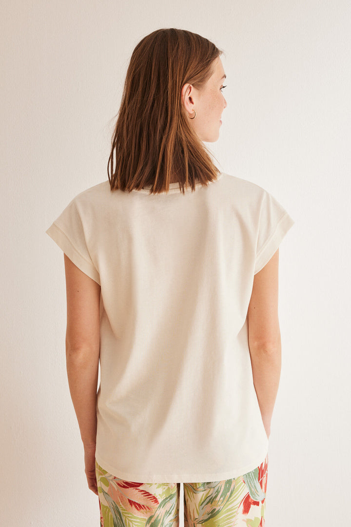 100% cotton short-sleeved Snoopy top - Ivory