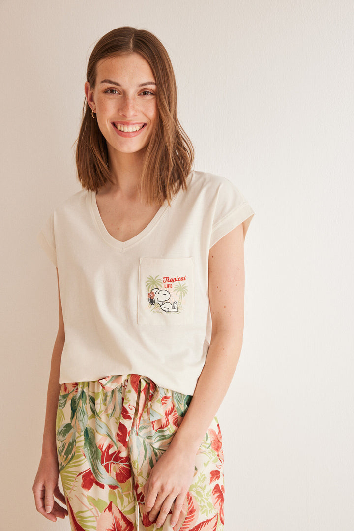 100% cotton short-sleeved Snoopy top - Ivory