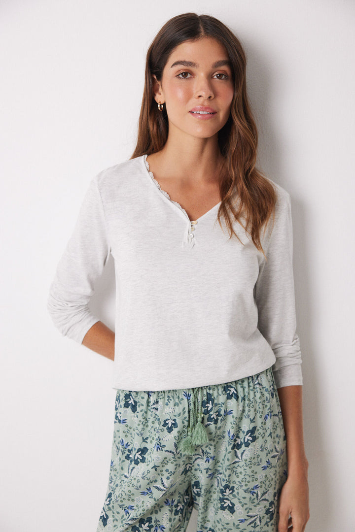 Grey long-sleeved T-shirt in 100% cotton - Light Grey Silver