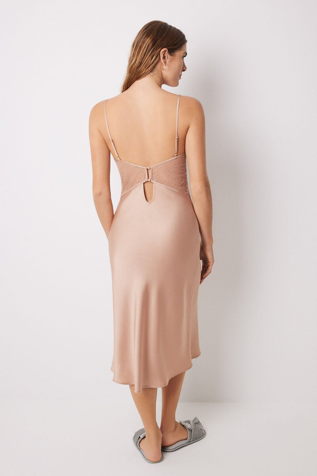 Long satin and nude lace nightgown - Light Brown