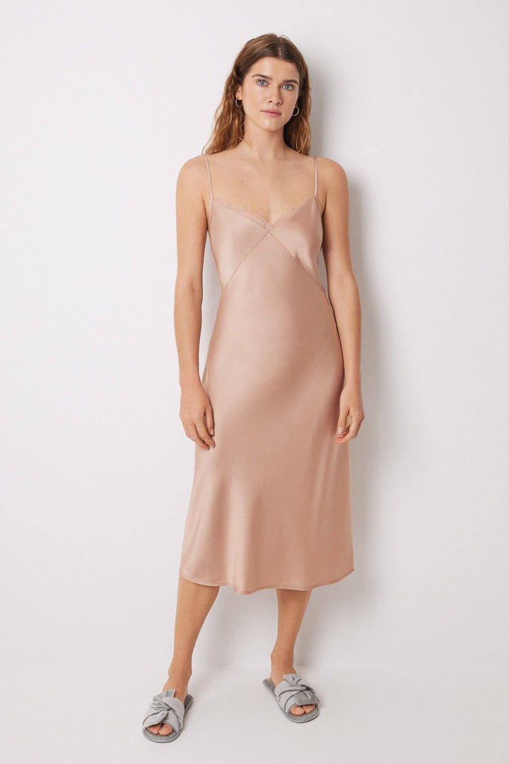 Nude satin and lace midi nightgown - Light Brown