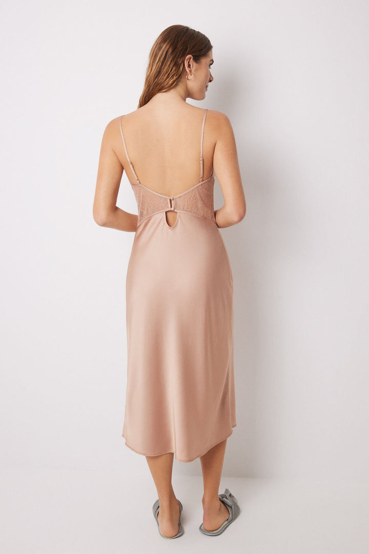 Nude satin and lace midi nightgown - Light Brown