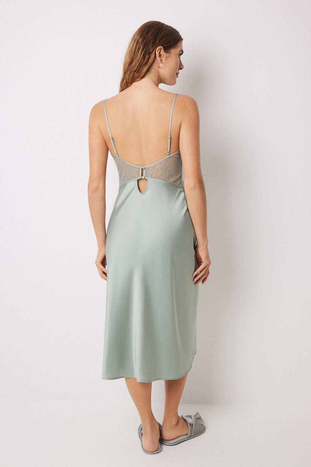 Green satin and lace midi nightgown - Green Print