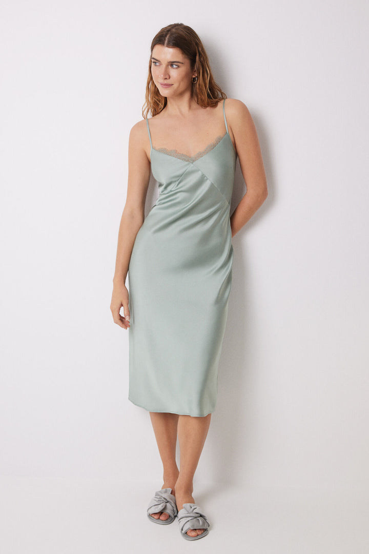 Green satin and lace midi nightgown - Green Print