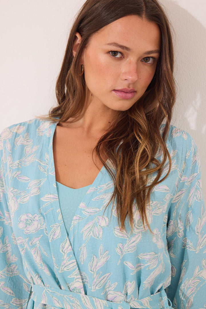 LONG PYJAMA + ROBE - Turquoise Print