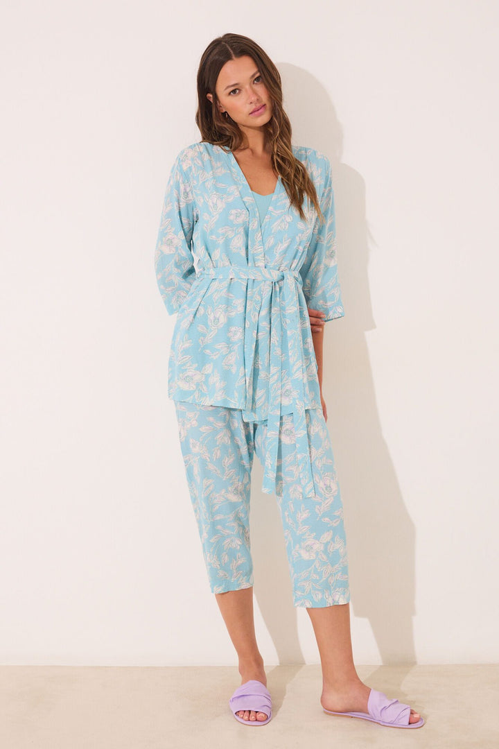 LONG PYJAMA + ROBE - Turquoise Print