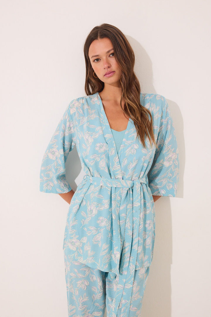 LONG PYJAMA + ROBE - Turquoise Print