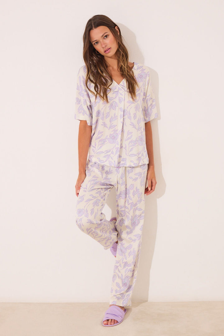 SHORT SLEEVES LONG PANT PYJAMA - White Print