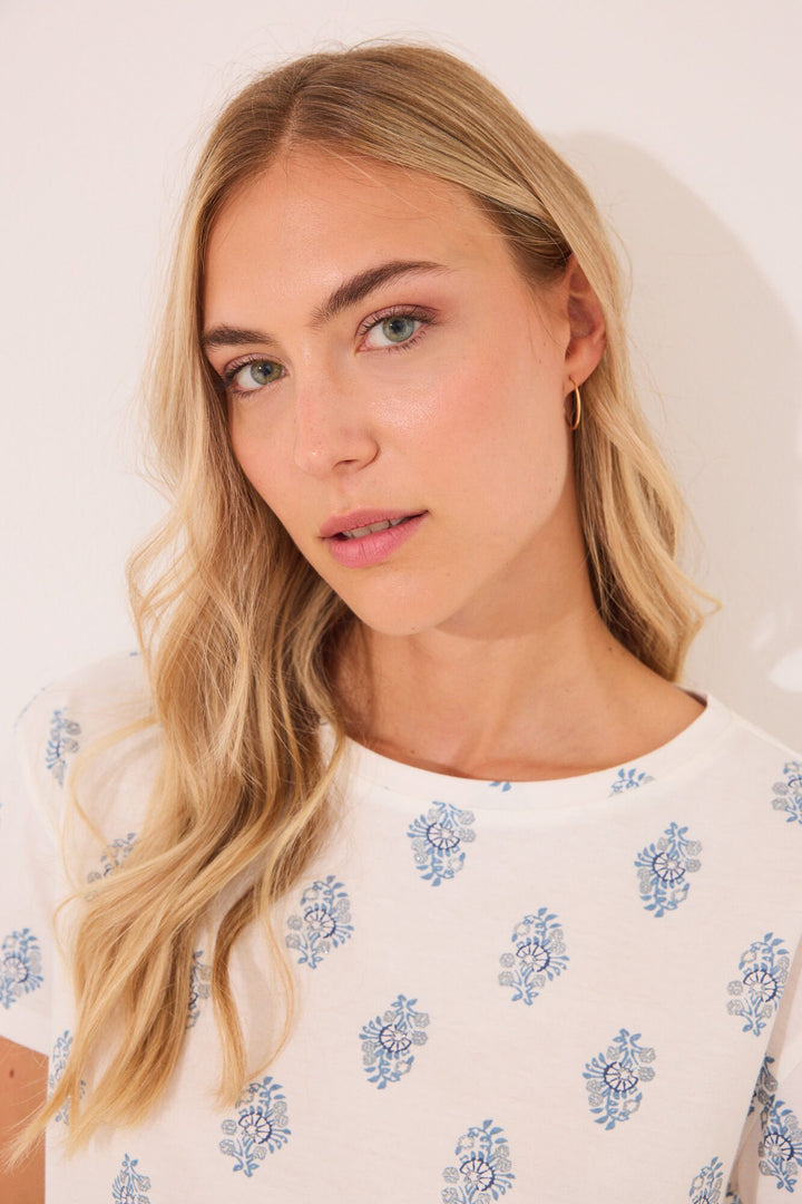 SHORT SLEEVES LONG PANT PYJAMA - White Print
