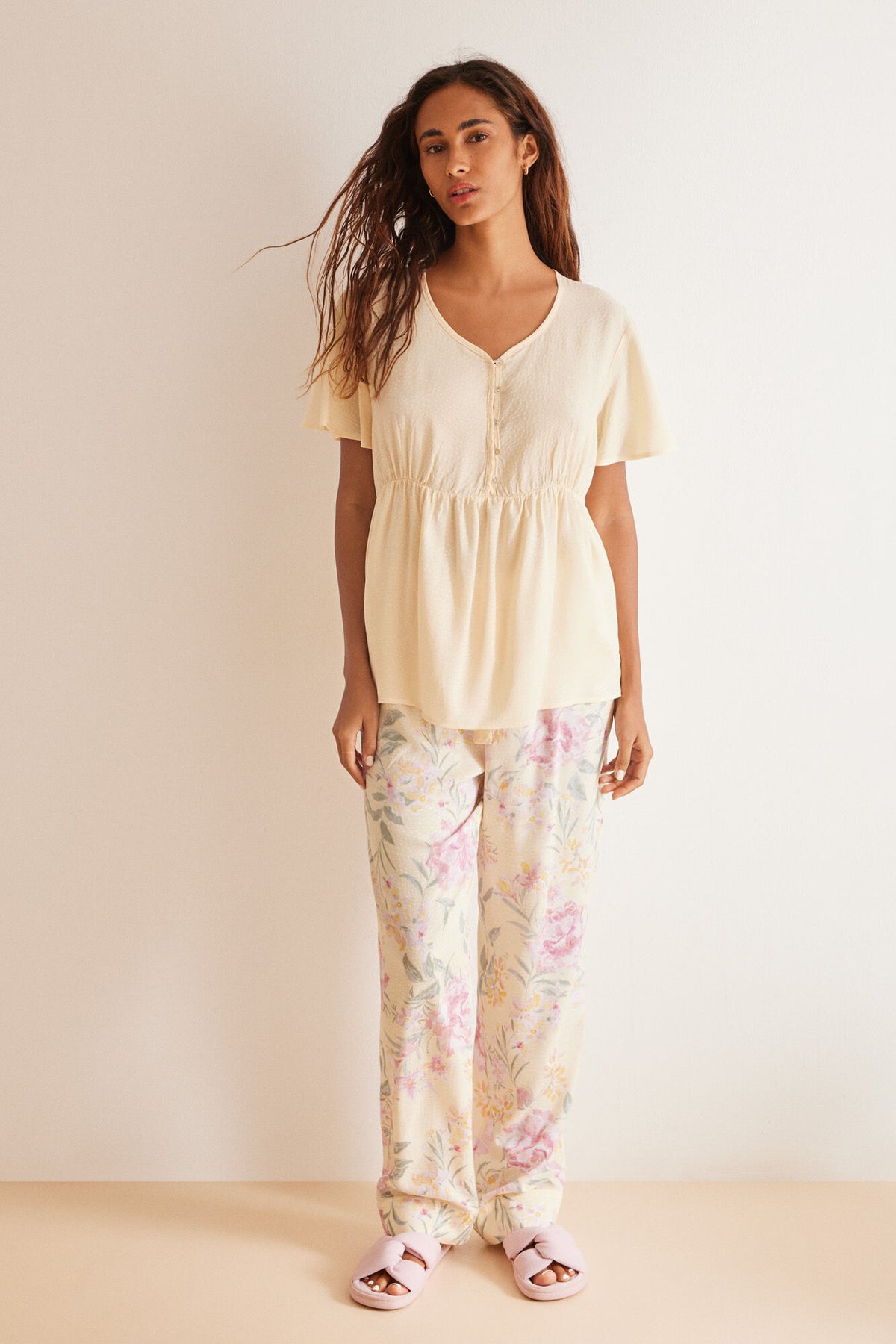 Yellow floral print viscose pyjamas - Yellow